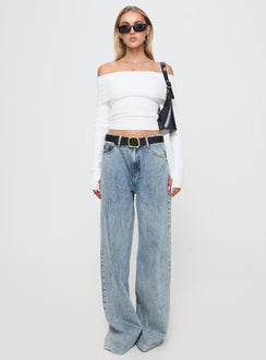 back view of model wearing Princess Polly Morley Off Shoulder Sweater White cropped 