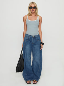 front view of model wearing Princess Polly Normana Mid Rise Cropped Barrel Jeans Mid Blue Wash Mid Rise Jeans 
