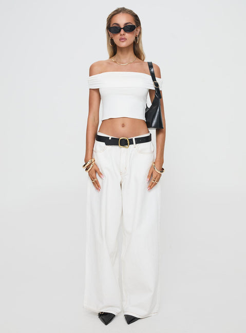 side view of model wearing Princess Polly Channel Off The Shoulder Top White Short Sleeves straight 