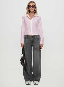 front view of model wearing Princess Polly Ramos Low Rise Denim Jeans Grey Wash Mid Rise 
