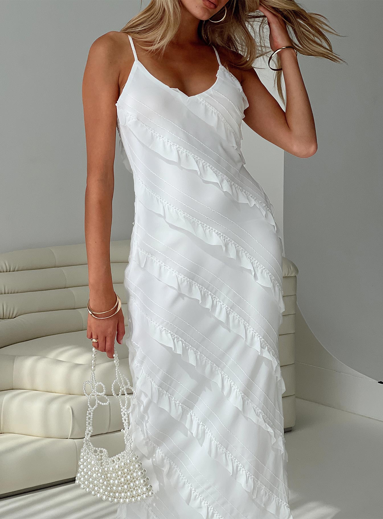 back view of model wearing Princess Polly Lars Maxi Dress White Scoop Neck 