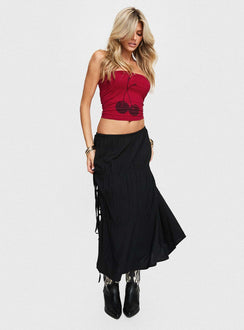   side view of model wearing Princess Polly Perky Maxi Skirt Black Maxi Skirts Skirts 