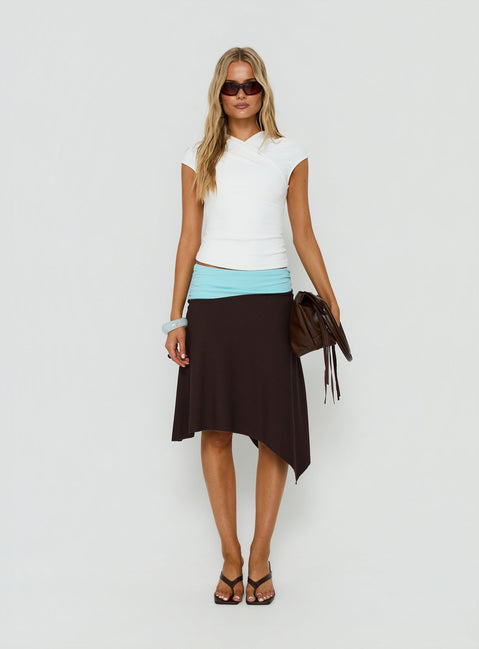 Featuring the Suave Asymmetrical Contrast Midi Skirt Brown / Aqua womens-skirts in midi length view of model wearing Princess Polly