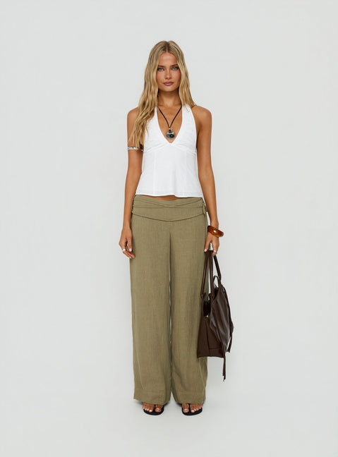 Silver Moon Linen Blend Tie Pants Olive Green Petite