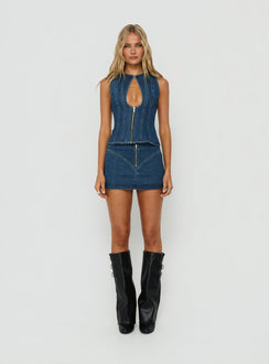 Capree Zip Up Top Mid Wash Denim