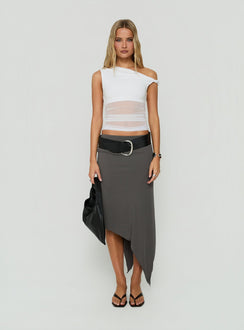 Showcasing the Aviza Asymmetrical Midi Skirt Grey in womens-skirts with fitted silhouette front view of model wearing Princess Polly