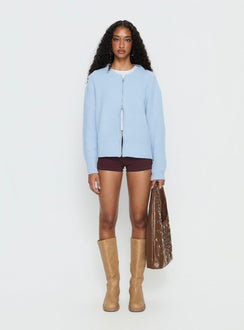 front view of model wearing Princess Polly Lexene Zip Through Jumper Baby Blue Longline Jumpers 