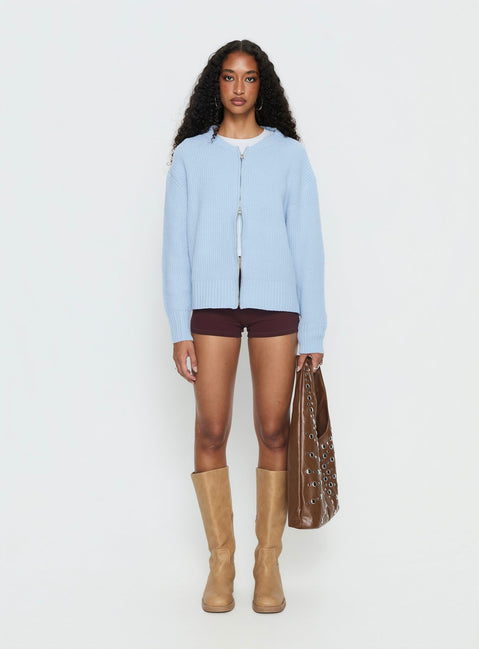 front view of model wearing Princess Polly Lexene Zip Through Jumper Baby Blue Longline Jumpers 