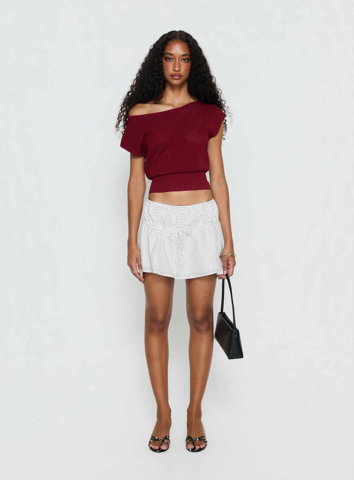   front view of model wearing Princess Polly Nomi Mini Skirt White Polka Dot Mini Skirts 