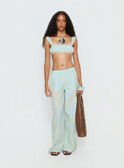 front view of model wearing Princess Polly Talyssa Elasticated Waist Pants Blue Stripe Mid Rise Pants Pants 