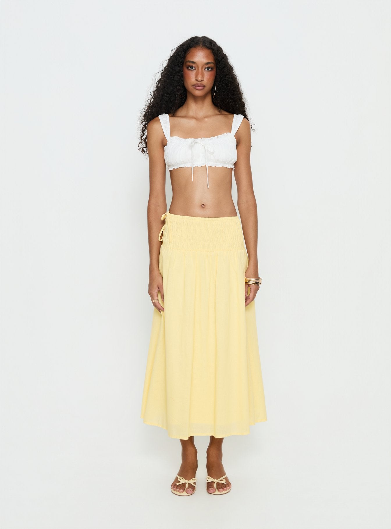   front view of model wearing Princess Polly Vence Ruched Maxi Skirt Lemon Yellow Maxi Skirts 