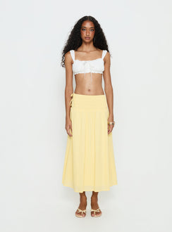   front view of model wearing Princess Polly Vence Ruched Maxi Skirt Lemon Yellow Maxi Skirts 