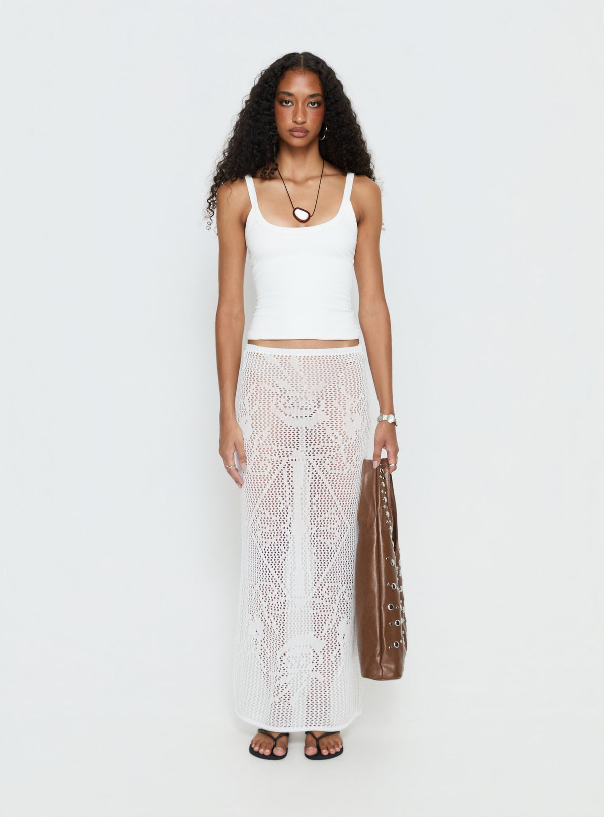   front view of model wearing Princess Polly Wisteriah Sheer Maxi Skirt White Maxi Skirts 