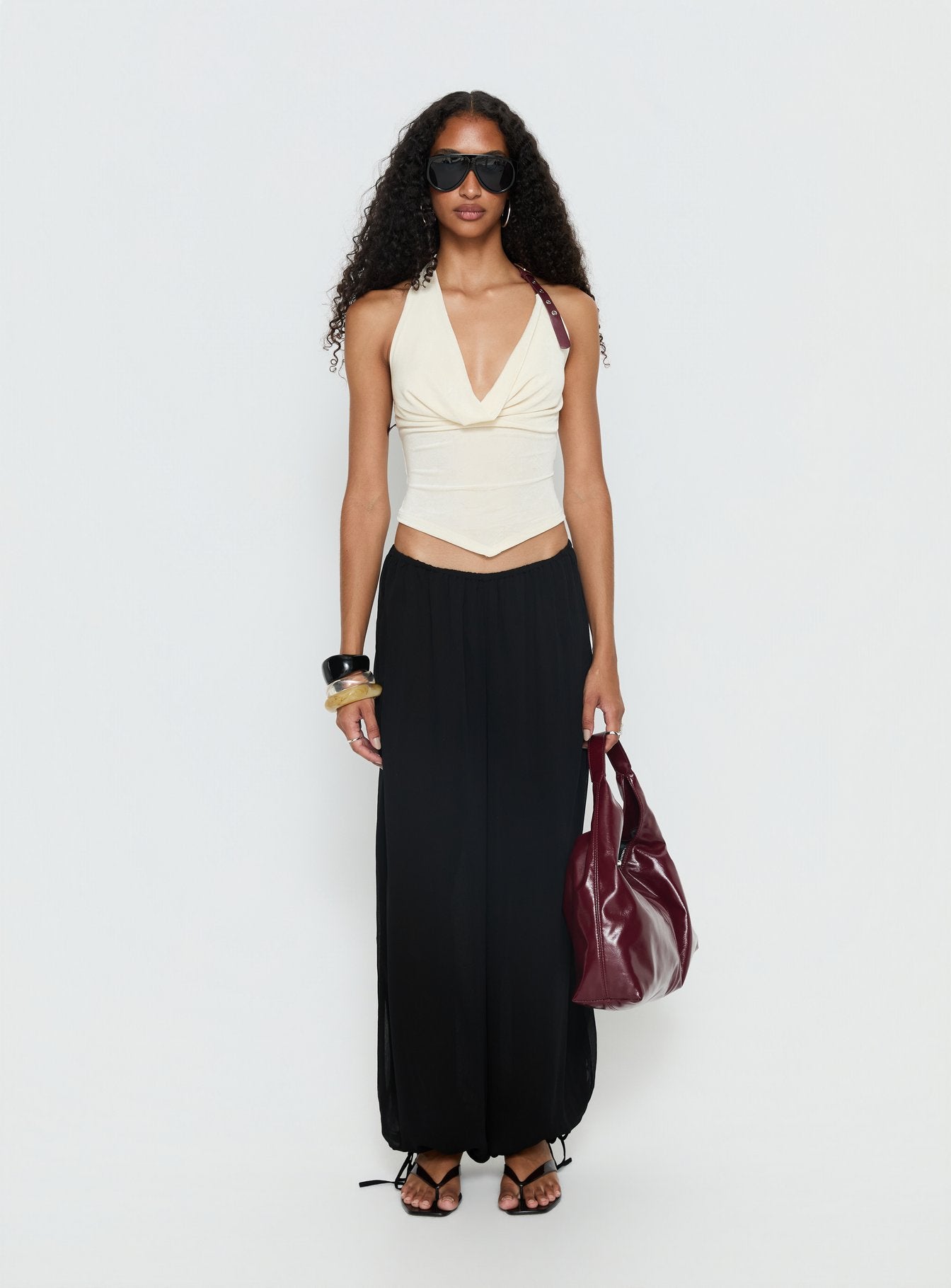 front view of model wearing Princess Polly Moondancer Balloon Pants Black Mid Rise Pants 