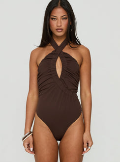 Introducing the Pettra Halter Neck Bodysuit Brown womens-bodysuit with sleeveless style product Princess Polly