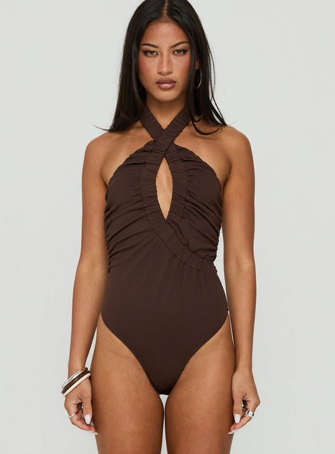 Introducing the Pettra Halter Neck Bodysuit Brown womens-bodysuit with sleeveless style product Princess Polly