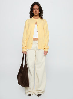 side view of model wearing Princess Polly Arica Button Up Knit Cardigan Lemon Longline Jumpers 