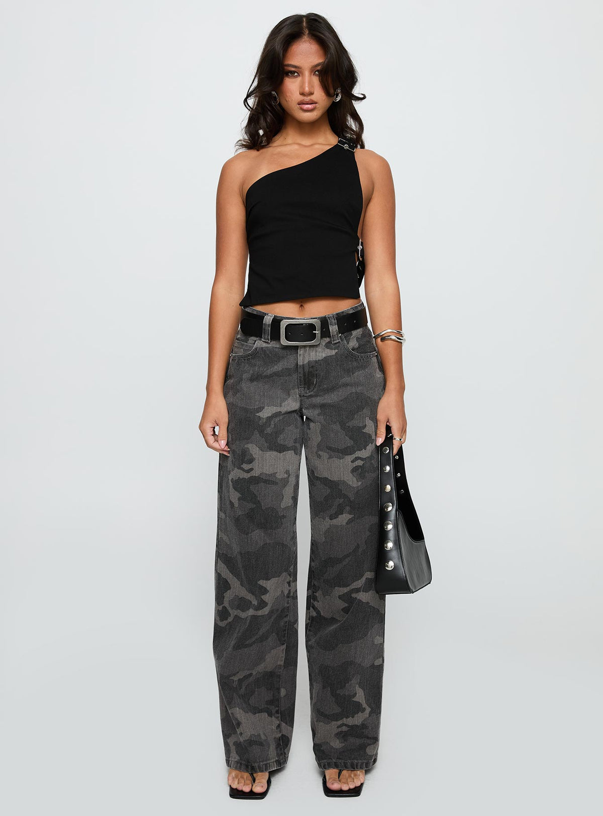 front view of model wearing Princess Polly Big Talk Mid Rise Straight Leg Jeans Grey Washed Camo Mid Rise Jeans Jeans 