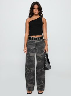 front view of model wearing Princess Polly Big Talk Mid Rise Straight Leg Jeans Grey Washed Camo Mid Rise Jeans Jeans 