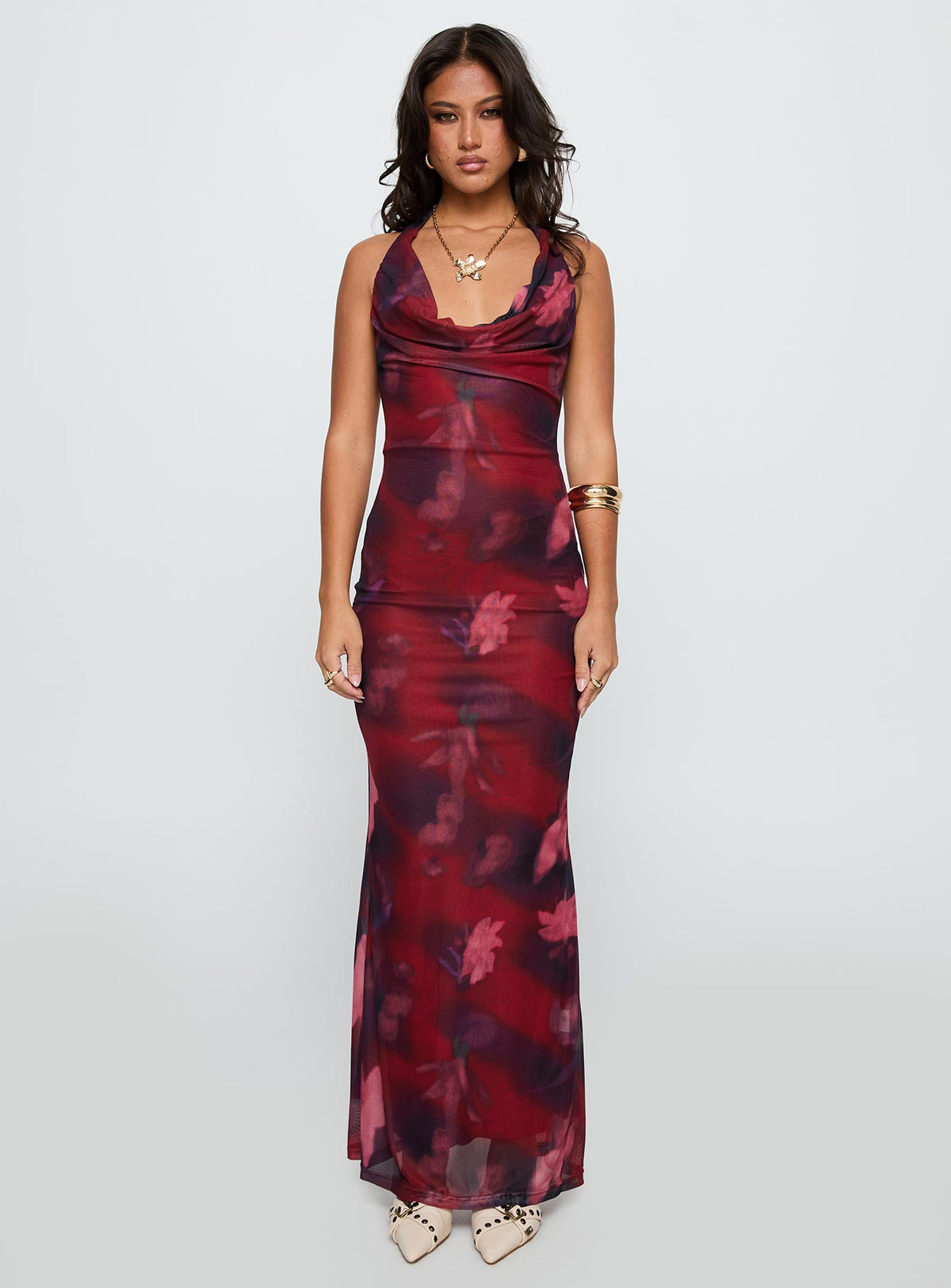 front view of model wearing Princess Polly Vixyn Halter Maxi Dress Red Multi Cowl Neck 