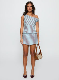 front view of model wearing Princess Polly Del Rio Off The Shoulder Top Blue / Maroon Short Sleeves Asymmetric Neckline 