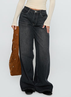 Showcasing Naylor Wide Leg Jeans Grey Wash Petite womens-jeans with high-rise front view of model wearing