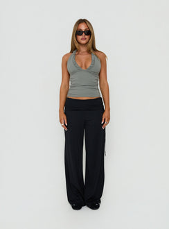 Introducing the Daily Define Ruched Tie Side Pants Black womens-regular-pants with high-rise waist on-body view of model wearing