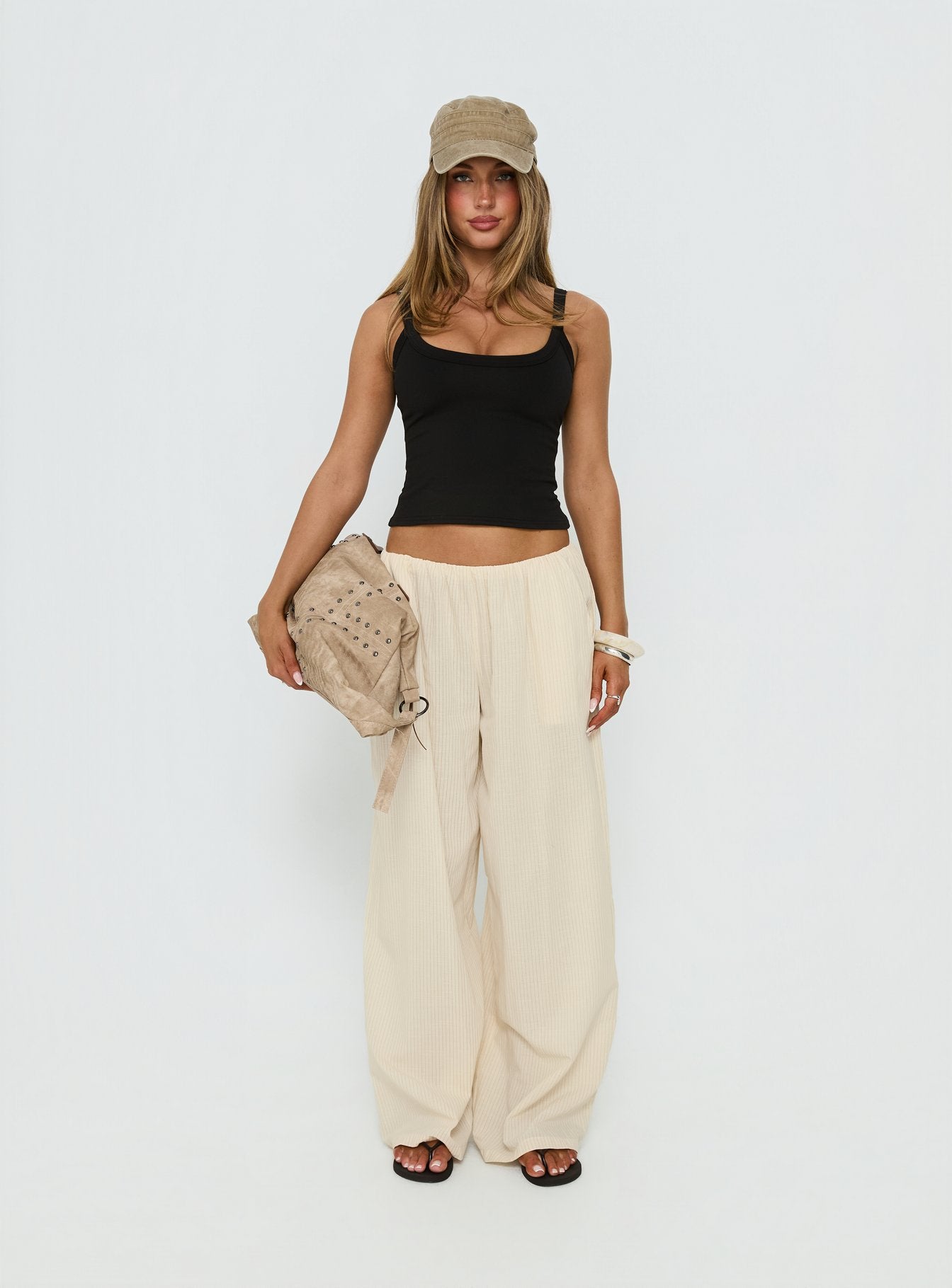 front view of model wearing Princess Polly Lunea Concealed Waistband Pants Beige Stripe Low Rise Pants Pants 