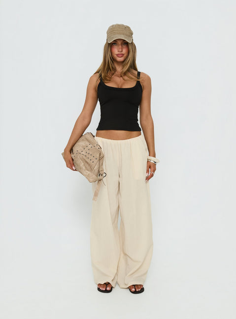 front view of model wearing Princess Polly Lunea Concealed Waistband Pants Beige Stripe Low Rise Pants Pants 
