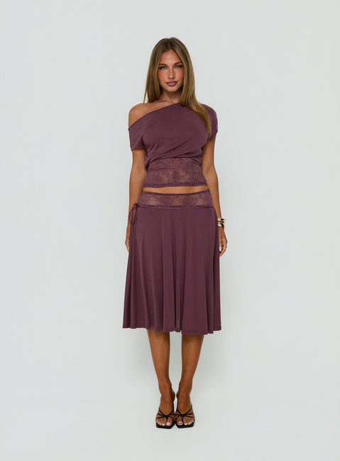 Showcasing the Marienna Lace Midi Skirt Plum in womens-skirts front view of model wearing Princess Polly