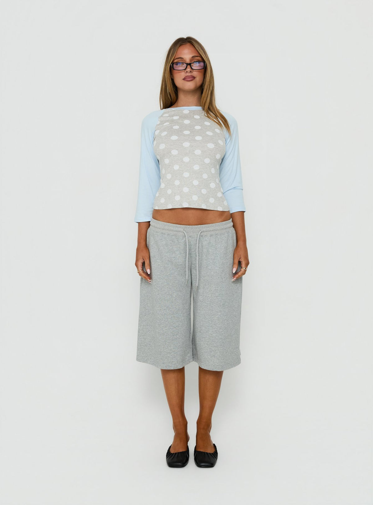 Fabella 3/4 Sleeve Raglan Top Grey Polka / Blue