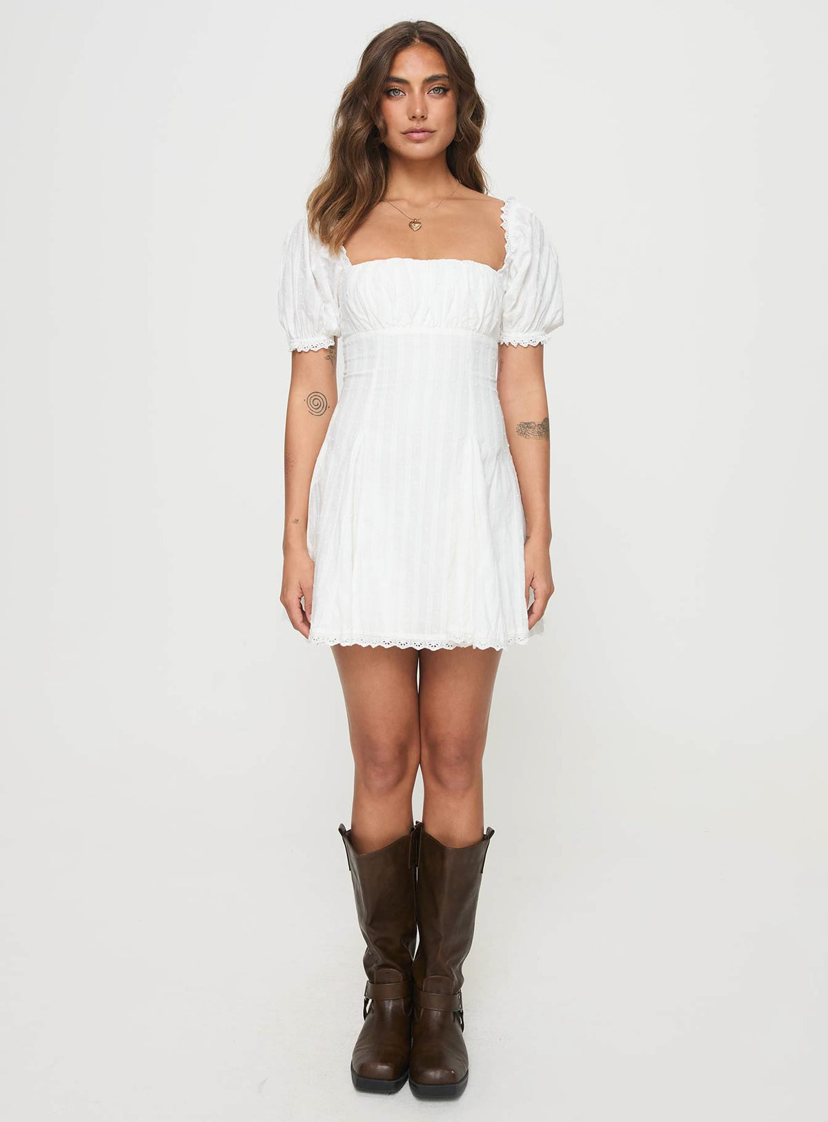 front view of model wearing Princess Polly Rabatia Mini Dress White Square Neck 