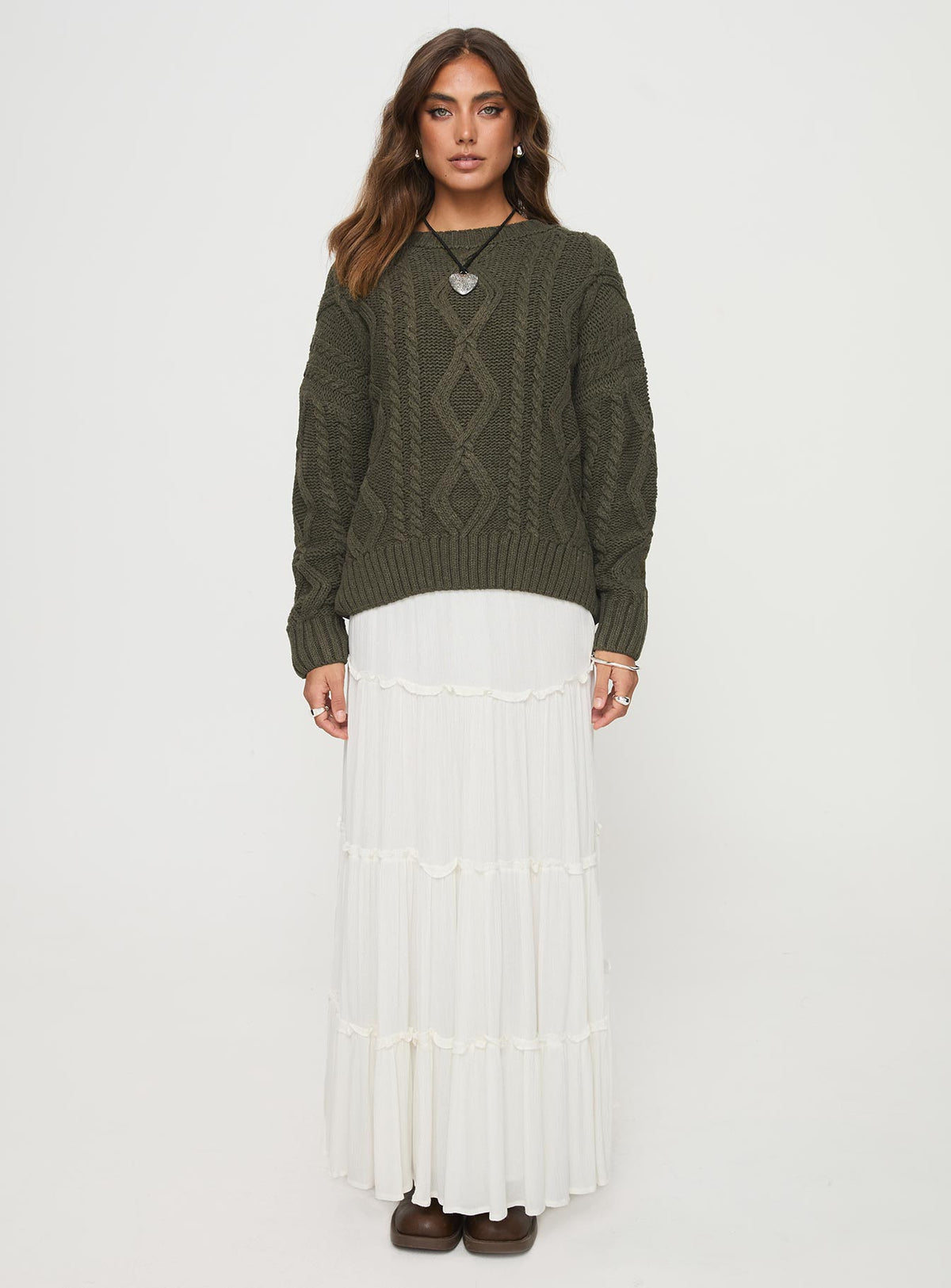 front view of model wearing Princess Polly Anaya Oversized Sweater Olive Longline Jumpers Jumpers 