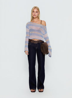 front view of model wearing Princess Polly Cafe Pari Sweater Blue Stripe cropped 