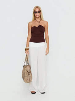 side view of model wearing Princess Polly Meda Bead Detail Ruched Bodysuit Brown Sleeveless 