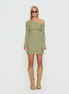 Adrietta Long Sleeve Off Shoulder Mini Dress Cream / Matcha Stripe