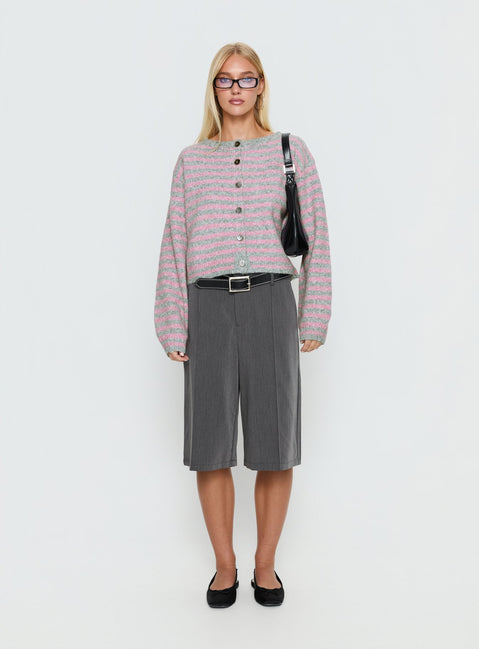 back view of model wearing Princess Polly Raynna Button Up Cardigan Pink / Grey Stripe Cropped Jumpers Jumpers 