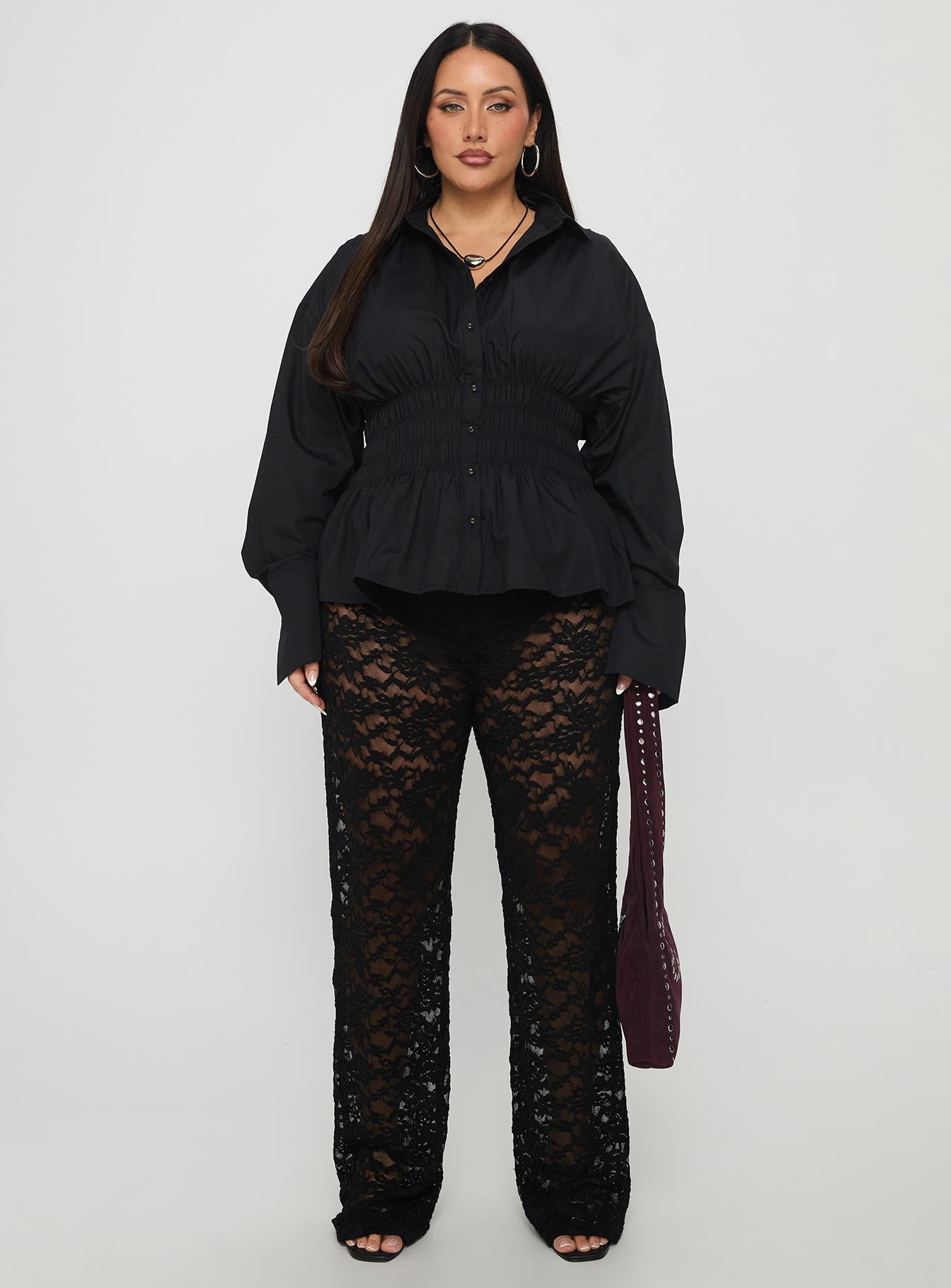 front view of model wearing Princess Polly Peru Lace Pants Black Curve High Waisted Pants 