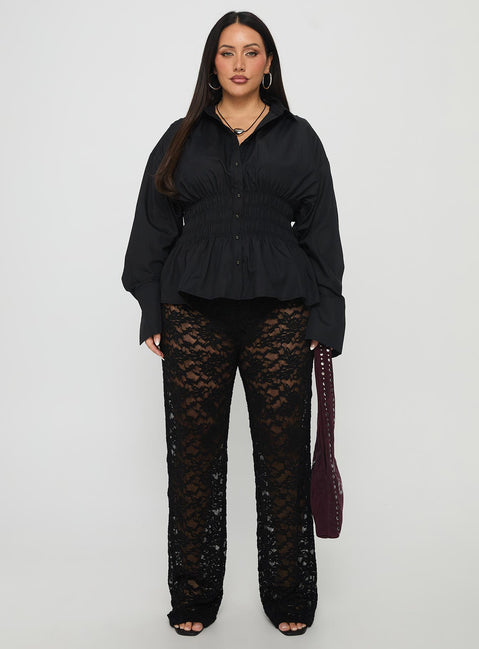 front view of model wearing Princess Polly Peru Lace Pants Black Curve High Waisted Pants 