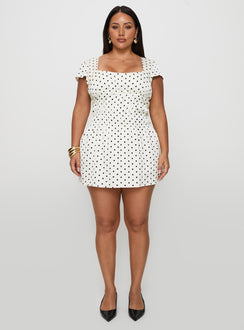 front view of model wearing Princess Polly Evangelie Ruched Mini Dress White Polka Curve Square Neck 