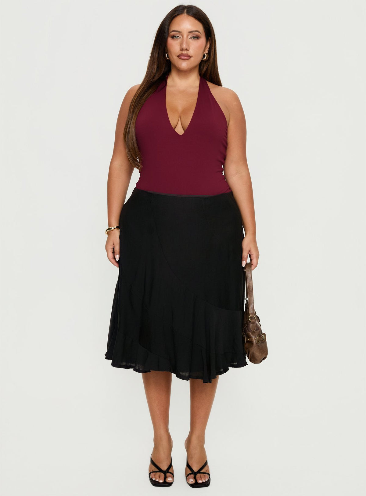   front view of model wearing Princess Polly With Kindness Midi Skirt Black Curve Midi Skirts 