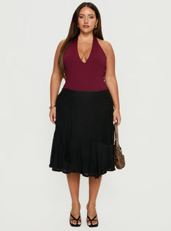   front view of model wearing Princess Polly With Kindness Midi Skirt Black Curve Midi Skirts 
