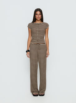 Angellina Jersey Button Down Top Chocolate / Cream Stripe