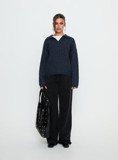 front view of model wearing Princess Polly Brodey Collared Cable Knit Sweater Navy 