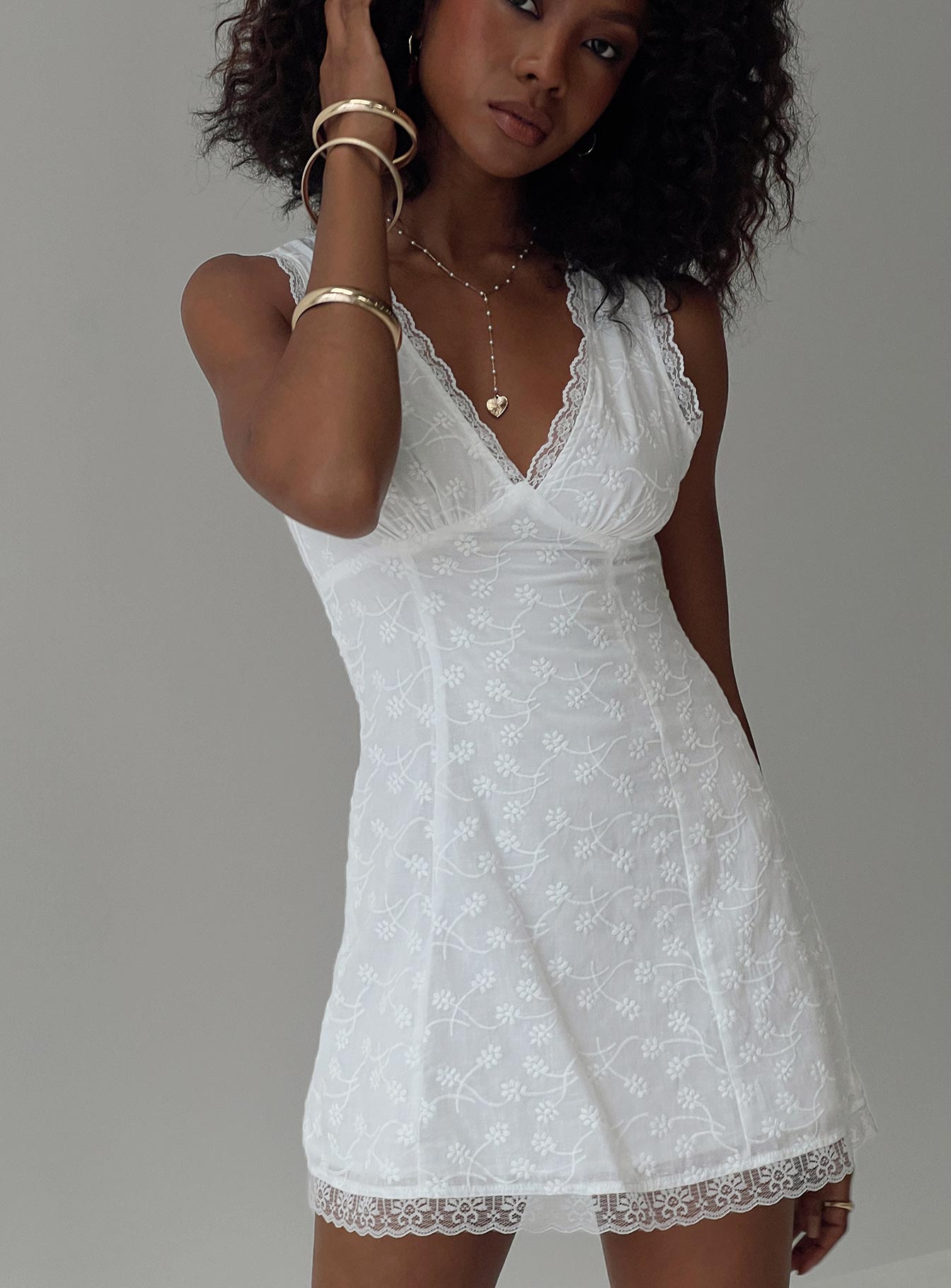 front view of model wearing Princess Polly Gimmie Mini Dress White V-Neck 