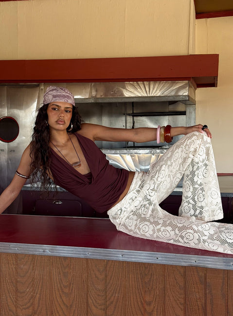 front view of model wearing Princess Polly Rosadonna Lace Flare Pants Cream Mid Rise Pants 
