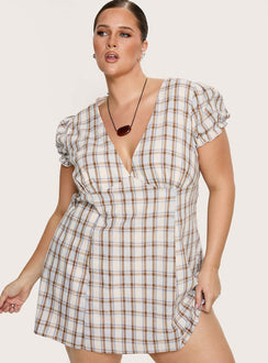 Mystee Plunge Neck Romper Blue Check Curve