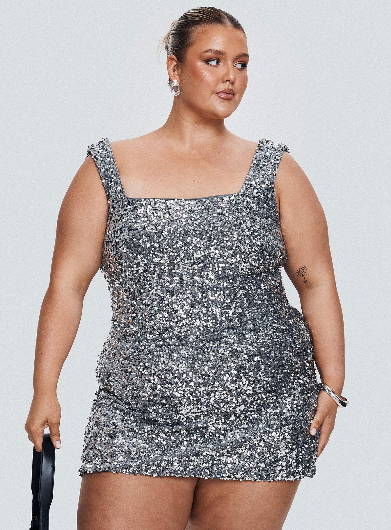 front view of model wearing Princess Polly Miss Me Sequin Mini Dress Silver Curve Square Neck 