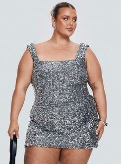 front view of model wearing Princess Polly Miss Me Sequin Mini Dress Silver Curve Square Neck 