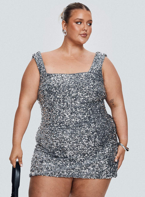 front view of model wearing Princess Polly Miss Me Sequin Mini Dress Silver Curve Square Neck 
